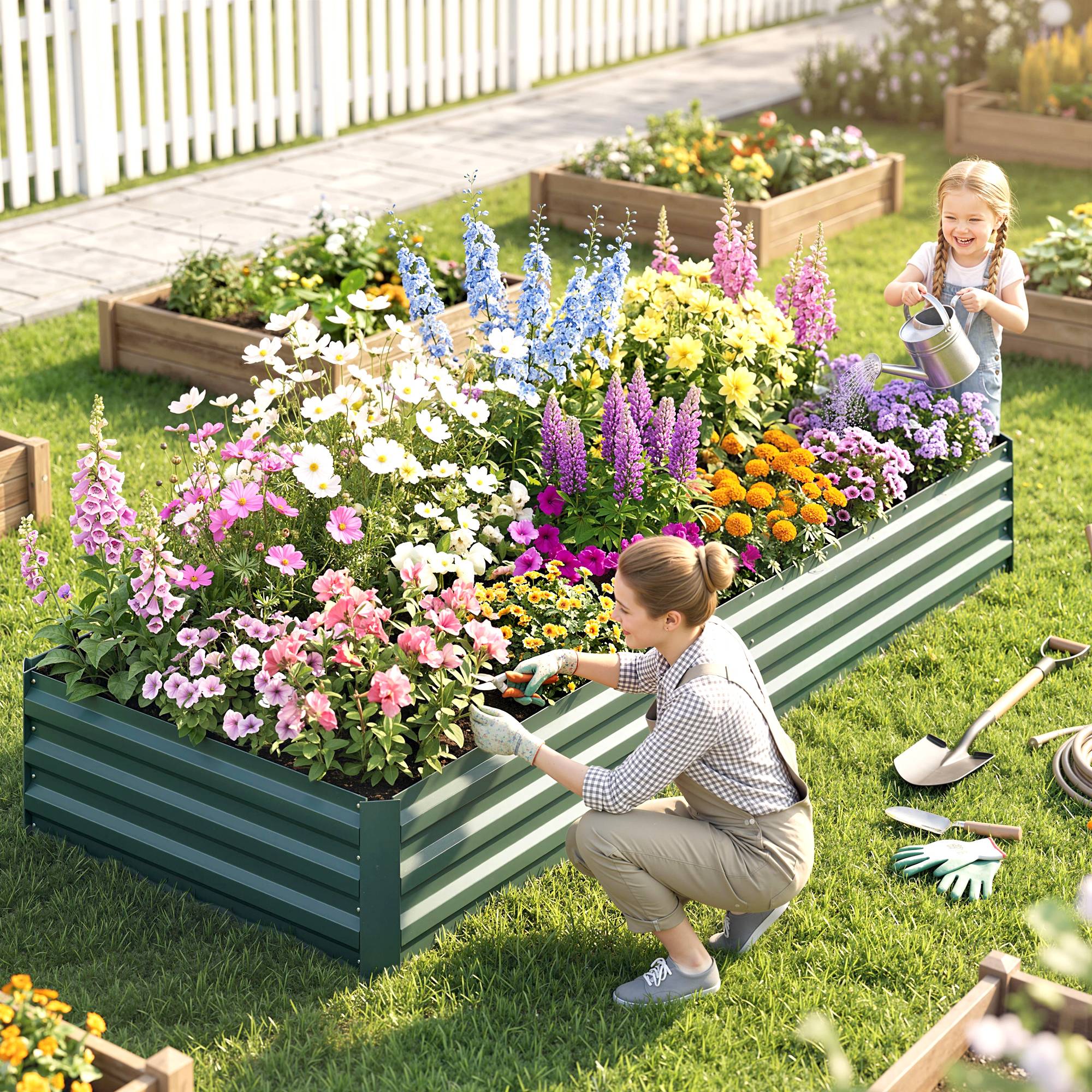 Potager Surélevé en Métal Extérieur, Porte-plantes Fleurs Herbes, 241x90.5x30cm - Image 4