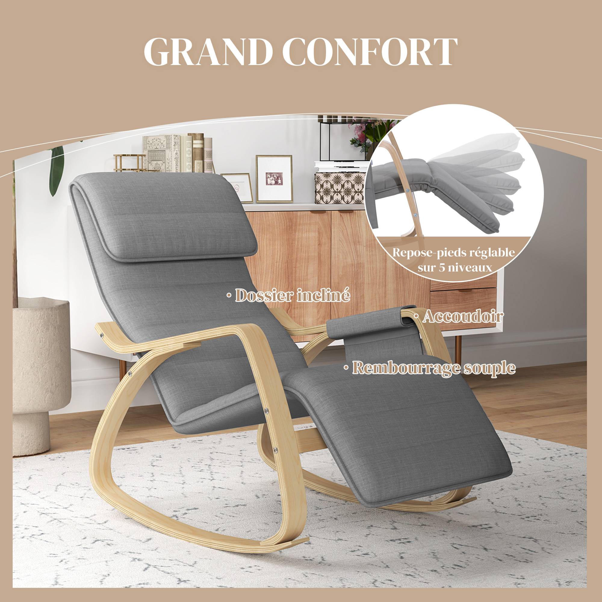 Fauteuil relax à bascule fauteuil allaitement avec repose-pieds réglable, poche latérale et appui-tête, gris - Image 7