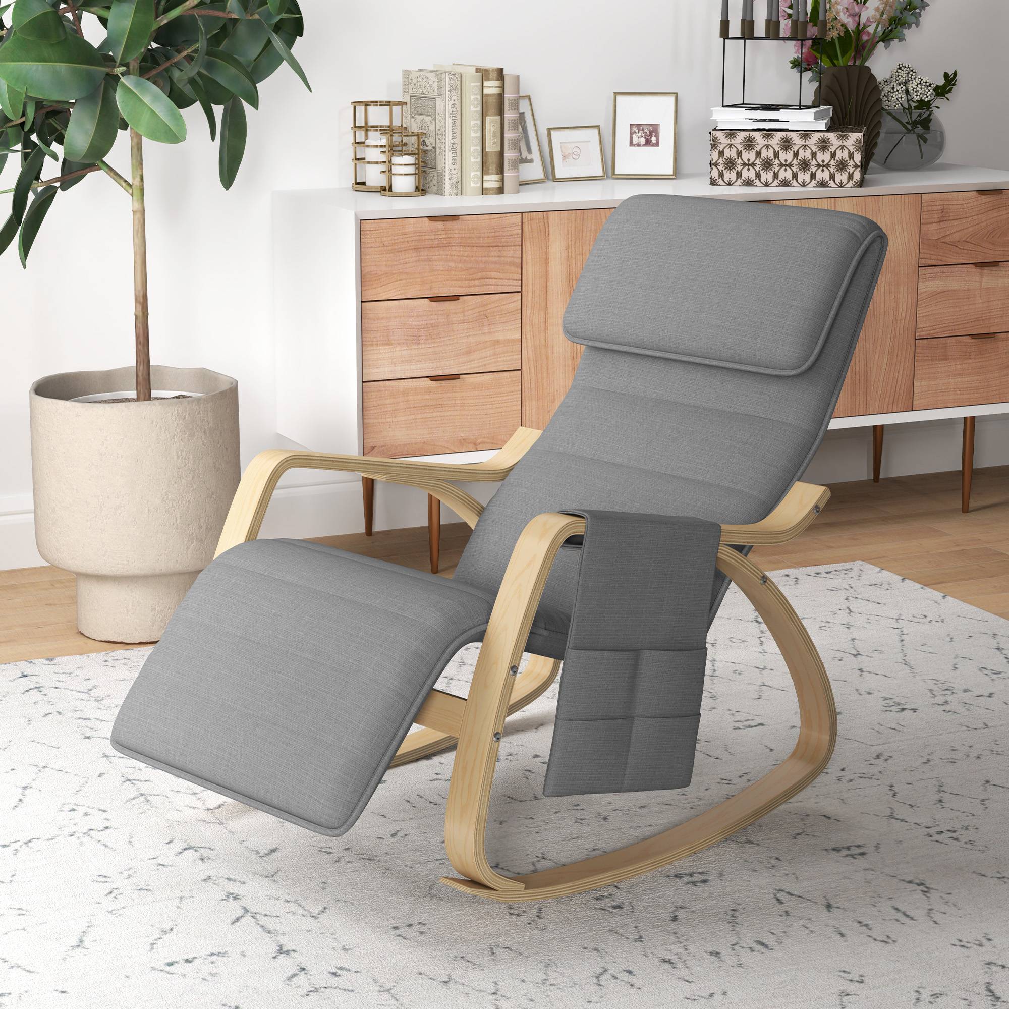 Fauteuil relax à bascule fauteuil allaitement avec repose-pieds réglable, poche latérale et appui-tête, gris - Image 4