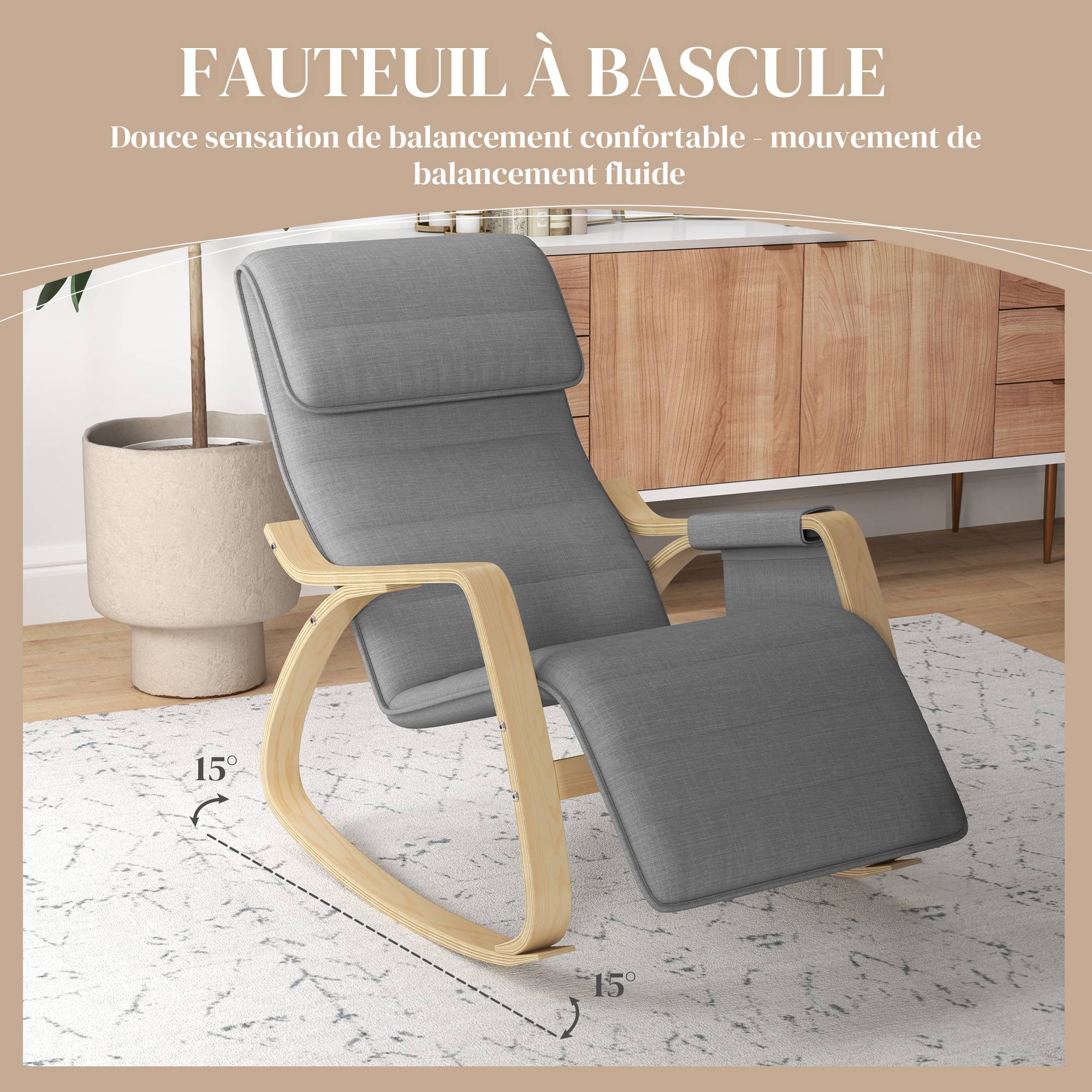 Fauteuil relax à bascule fauteuil allaitement avec repose-pieds réglable, poche latérale et appui-tête, gris - Image 6