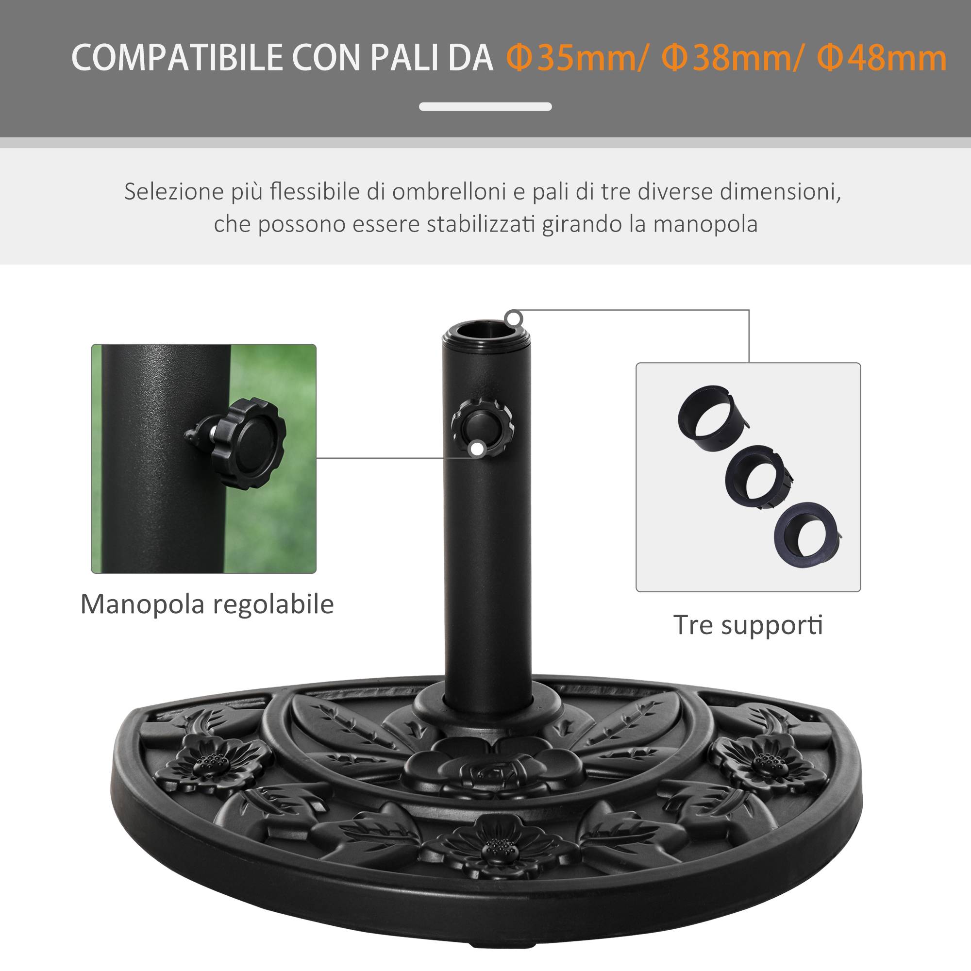 ComfortXL - Demi-Pied de Parasol en Résine pour Balcon Support Lourd Motif Floral 50cm Noir - ComfortXL Outdoor Living - Image 7