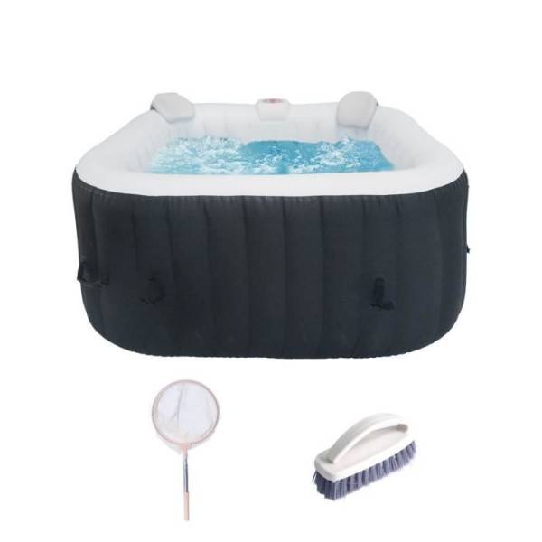 KIT TOUT INCLUS SPA et accessoires : spa gonflable carré 4 places avec 2 appuis tetes, filtre, épuisette, brosse, tapis, couve - Image 1