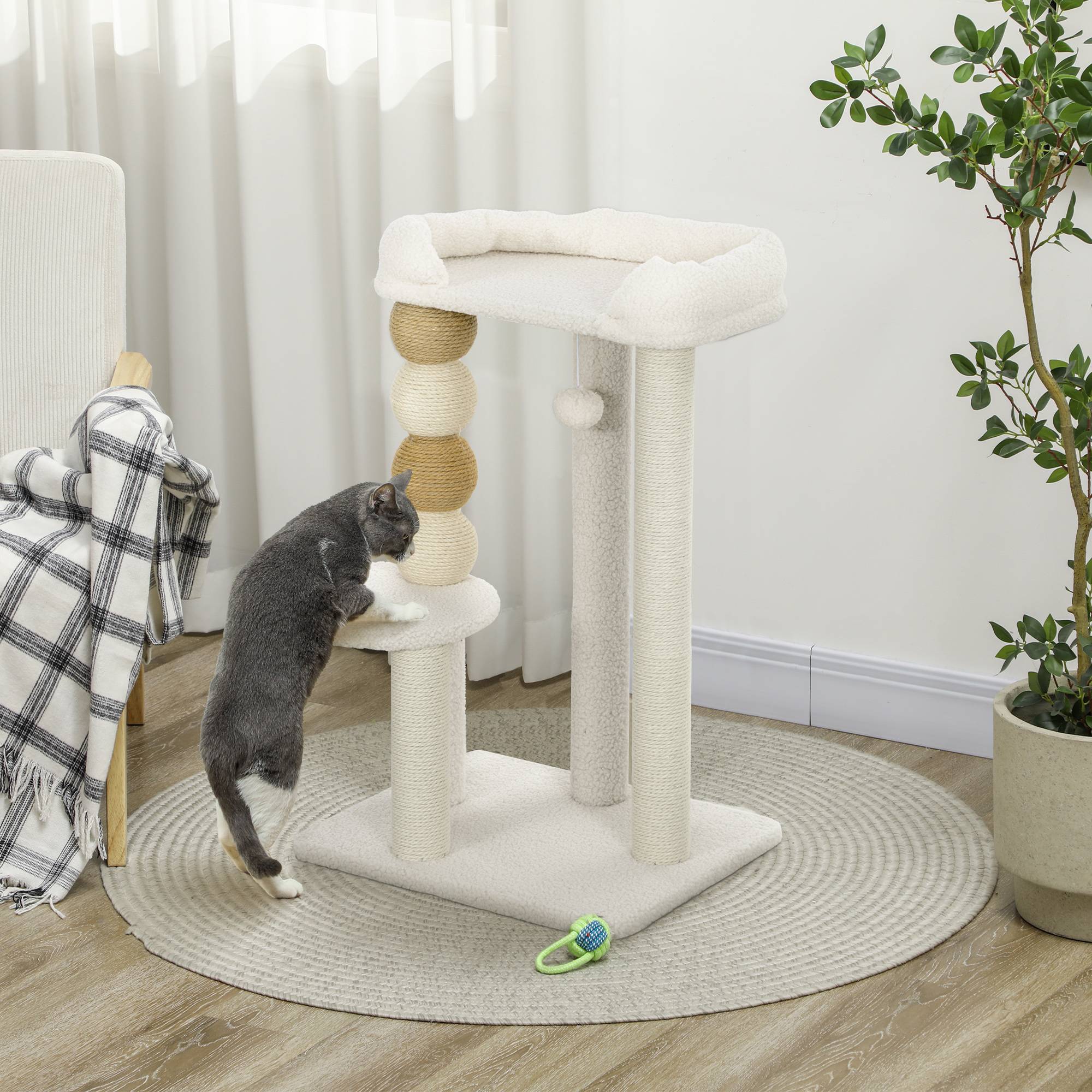 arbre à chat beige 76 cm sherpa plateformes balle suspendue jute chat doux confortable compact griffoir - Image 4