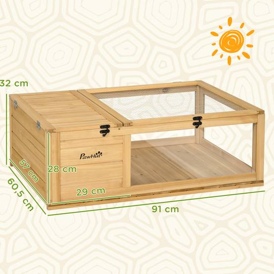 Maison enclos cage habitat pour petit animal tortues avec 2 espaces 91 x 60,5 x 32 cm bois massif jaune clair - Image 5
