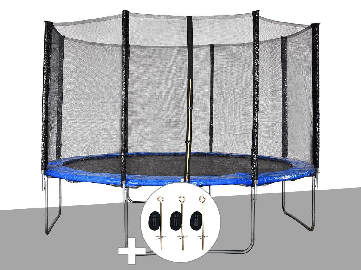 Jardideco - Kit trampoline Jardideco Cronos Ø 3,66 m Bleu + Kit d'ancrage