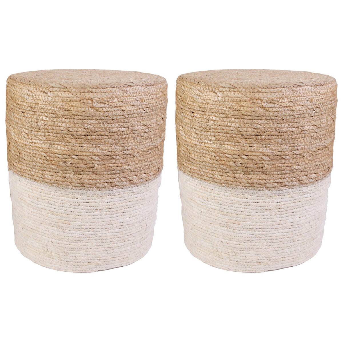 Lot de 2 Poufs Ronds Tressés Naturel et Beige - ESTANY