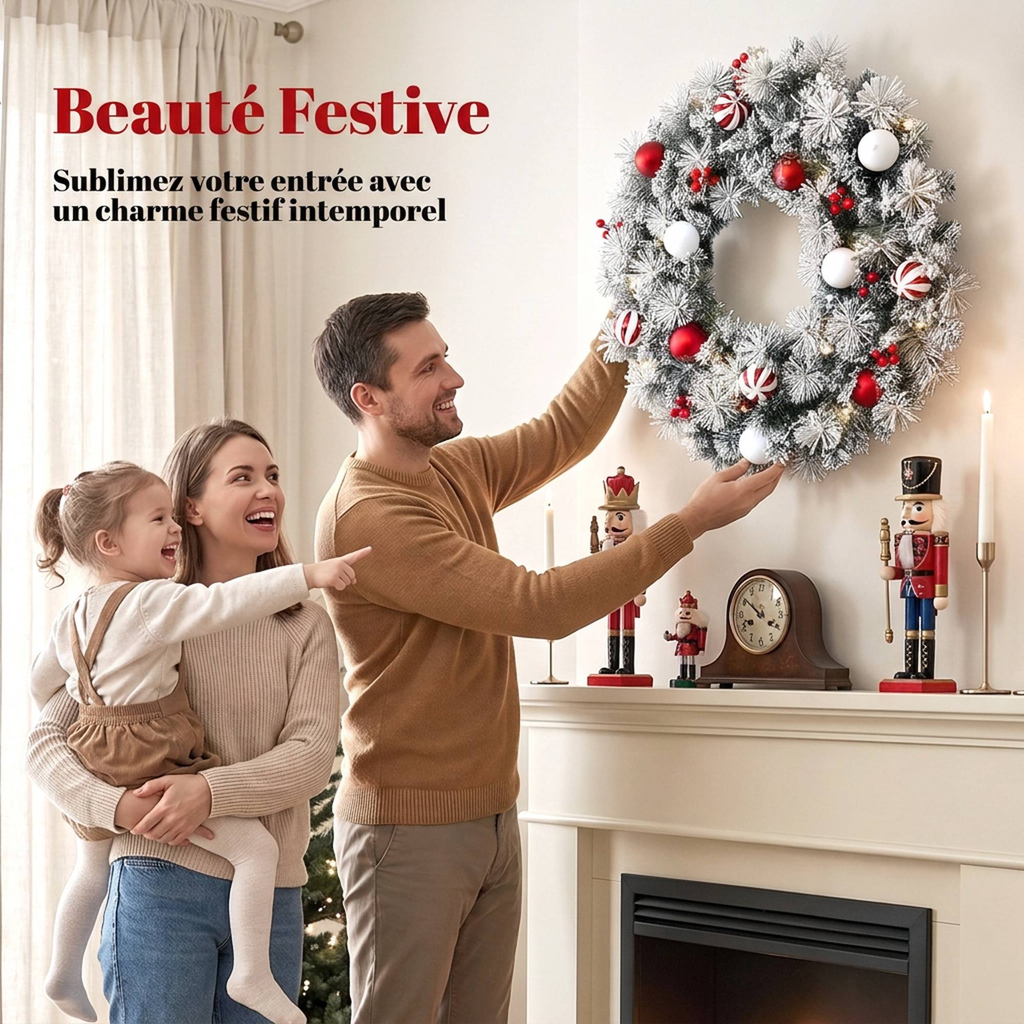 Sans Marque - Couronne de Noël Lumineuse 60 cm Enneigée Floquée avec 50 LED, 15 Boules Décoratives, 140 Branches, 8 Modes, Vert - Image 6