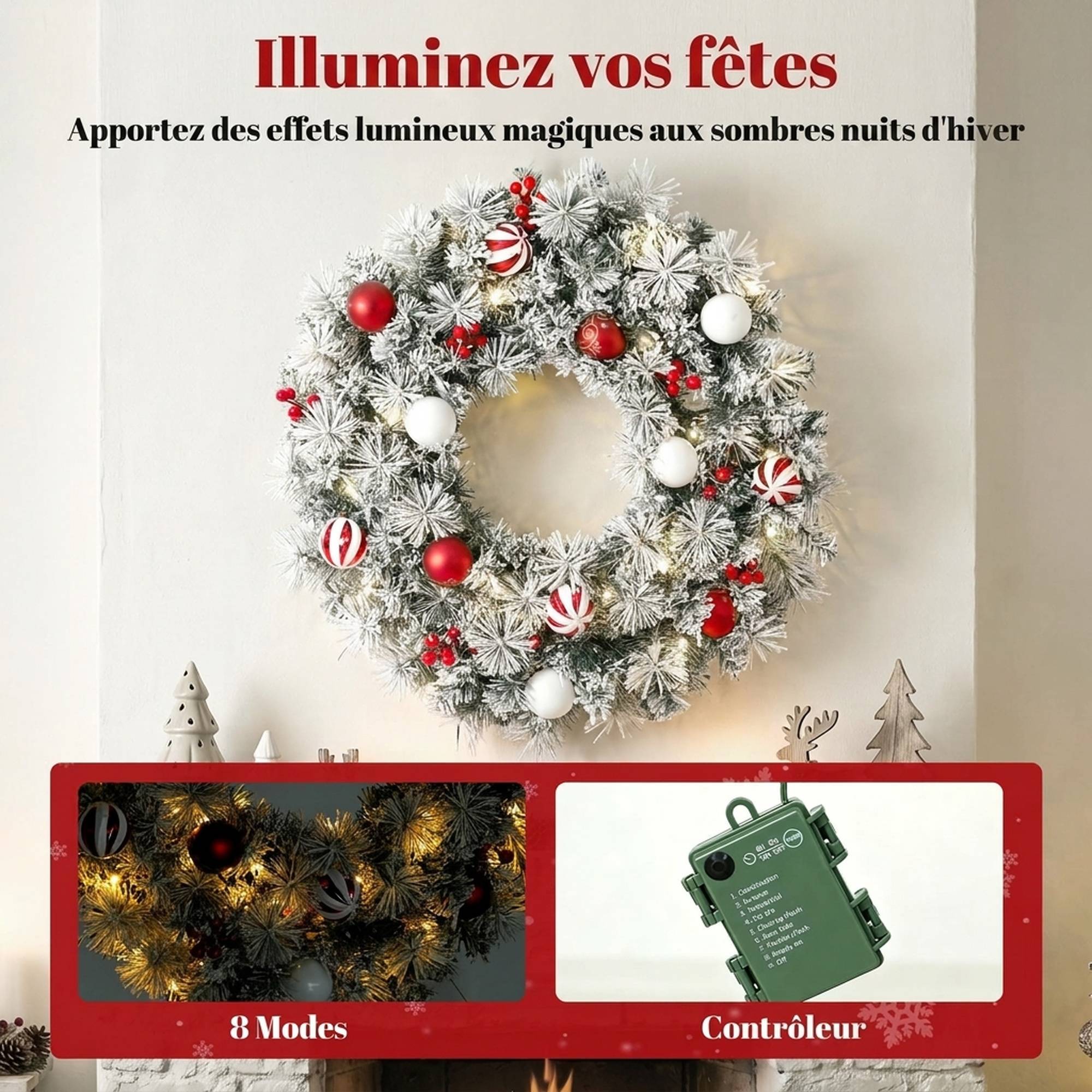 Sans Marque - Couronne de Noël Lumineuse 60 cm Enneigée Floquée avec 50 LED, 15 Boules Décoratives, 140 Branches, 8 Modes, Vert - Image 7