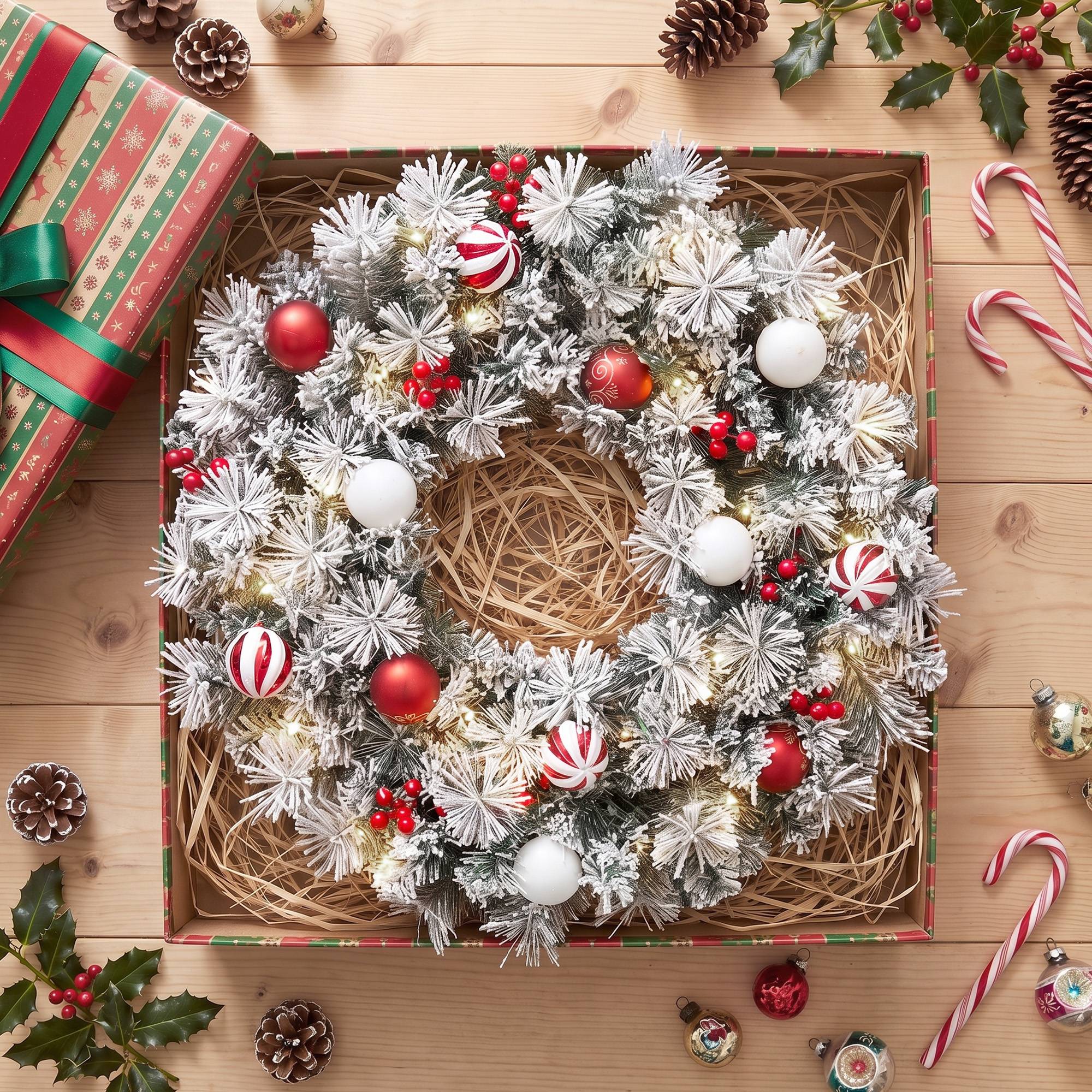 Sans Marque - Couronne de Noël Lumineuse 60 cm Enneigée Floquée avec 50 LED, 15 Boules Décoratives, 140 Branches, 8 Modes, Vert - Image 10