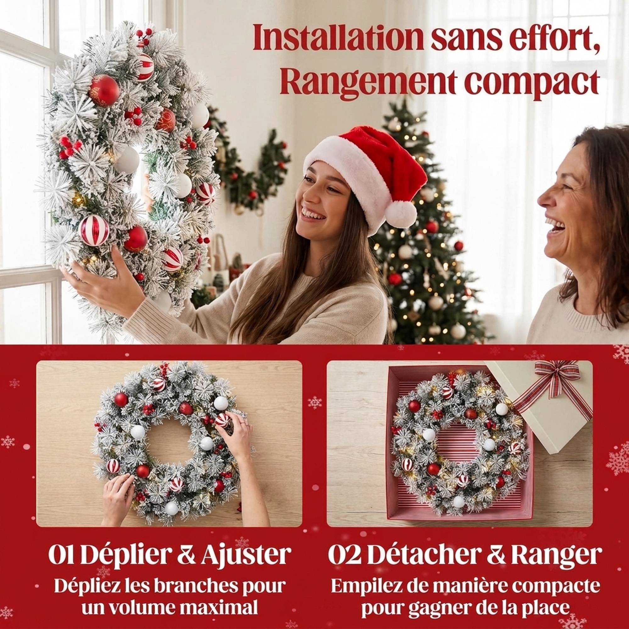 Sans Marque - Couronne de Noël Lumineuse 60 cm Enneigée Floquée avec 50 LED, 15 Boules Décoratives, 140 Branches, 8 Modes, Vert - Image 9