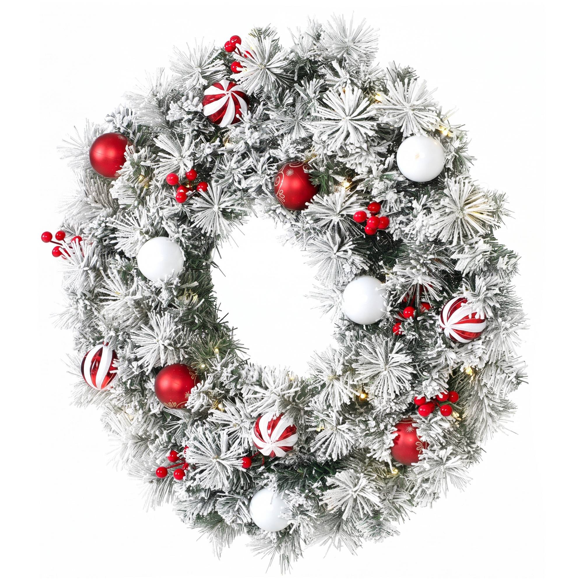 Sans Marque - Couronne de Noël Lumineuse 60 cm Enneigée Floquée avec 50 LED, 15 Boules Décoratives, 140 Branches, 8 Modes, Vert - Image 2