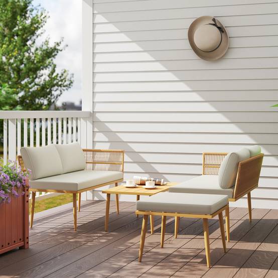 Salon de jardin d'angle 5 places modulable résine tressée et table basse Crème - ComfortXL Outdoor Living - Image 10