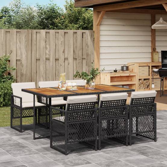 ComfortXL - Salon de Jardin Encastrable 6 Personnes Noir, Table en Bois d'Acacia et Chaises Compactes avec Coussins Crème – ComfortXL Outdoor Living - Image 1