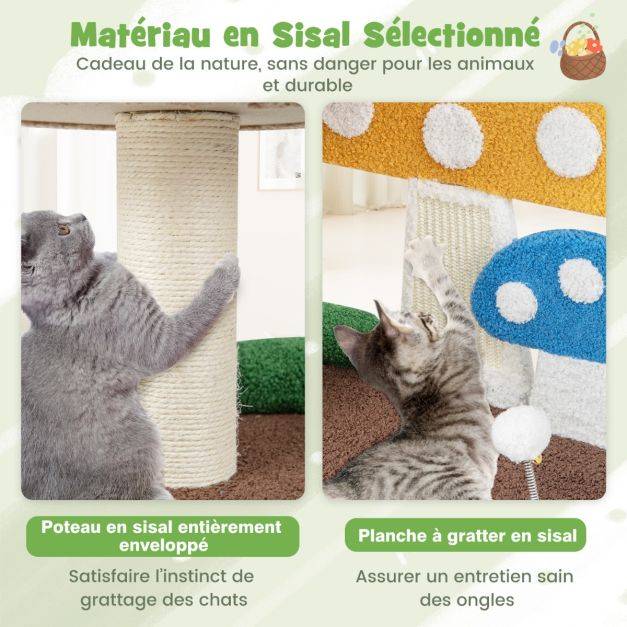 Helloshop26 - Arbre à chat 59 cm en forme de champignon boule à ressort condo poteau griffoir centre d'activités pour chat multicolore - Imagen 5