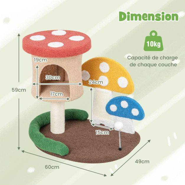 Helloshop26 - Arbre à chat 59 cm en forme de champignon boule à ressort condo poteau griffoir centre d'activités pour chat multicolore - Imagen 3