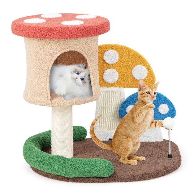 Helloshop26 - Arbre à chat 59 cm en forme de champignon boule à ressort condo poteau griffoir centre d'activités pour chat multicolore - Imagen 2