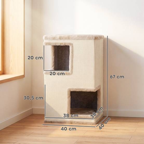 Tour à chat 3 niveaux pour intérieur, grotte semi-fermée avec surfaces à griffer tout autour, 2 niches confortables pour chat - Image 3