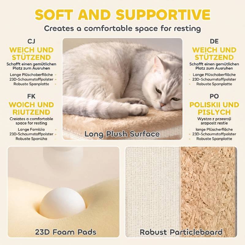 Tour à chat 3 niveaux pour intérieur, grotte semi-fermée avec surfaces à griffer tout autour, 2 niches confortables pour chat - Image 6