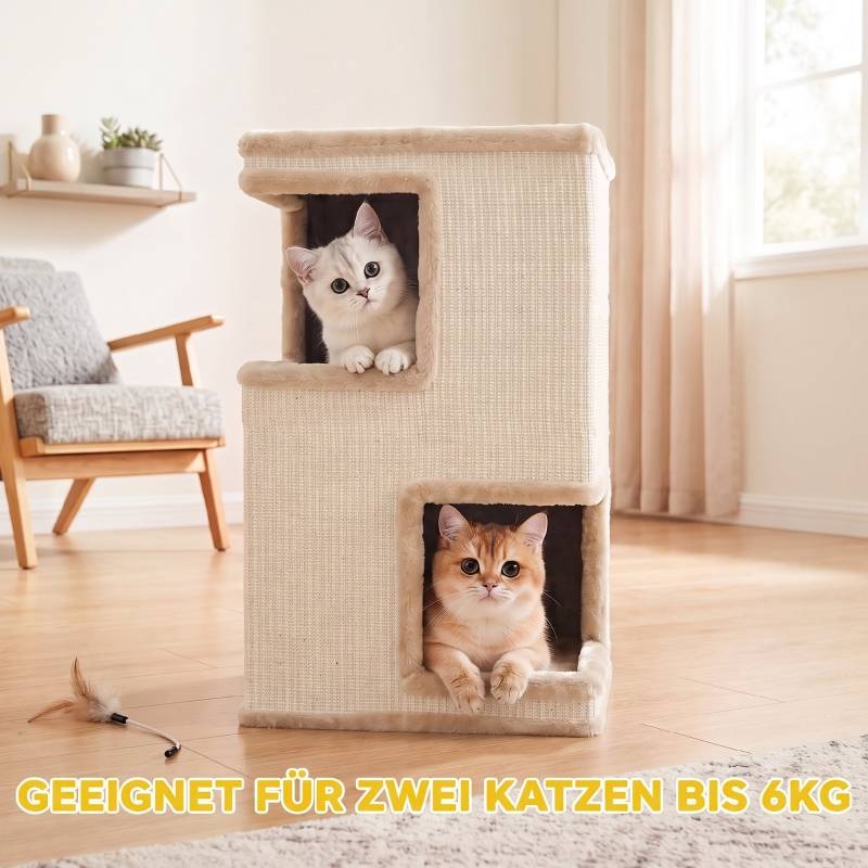 Tour à chat 3 niveaux pour intérieur, grotte semi-fermée avec surfaces à griffer tout autour, 2 niches confortables pour chat - Image 7