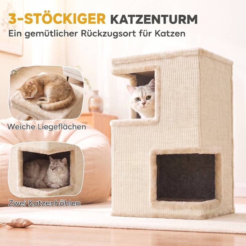 Tour à chat 3 niveaux pour intérieur, grotte semi-fermée avec surfaces à griffer tout autour, 2 niches confortables pour chat - Image 4