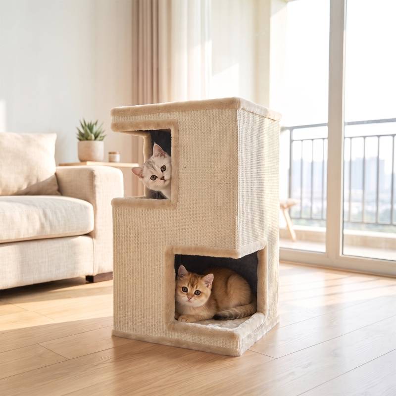 Tour à chat 3 niveaux pour intérieur, grotte semi-fermée avec surfaces à griffer tout autour, 2 niches confortables pour chat - Image 2