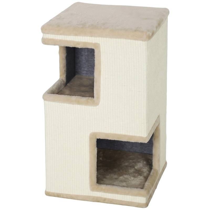 Tour à chat 3 niveaux pour intérieur, grotte semi-fermée avec surfaces à griffer tout autour, 2 niches confortables pour chat - Image 1