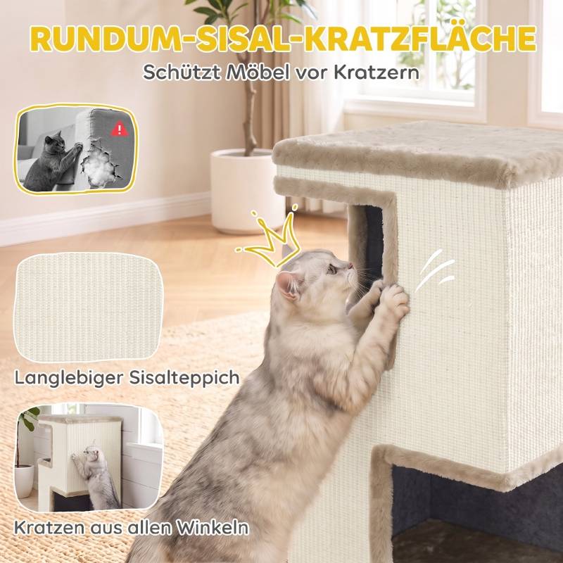 Tour à chat 3 niveaux pour intérieur, grotte semi-fermée avec surfaces à griffer tout autour, 2 niches confortables pour chat - Image 5