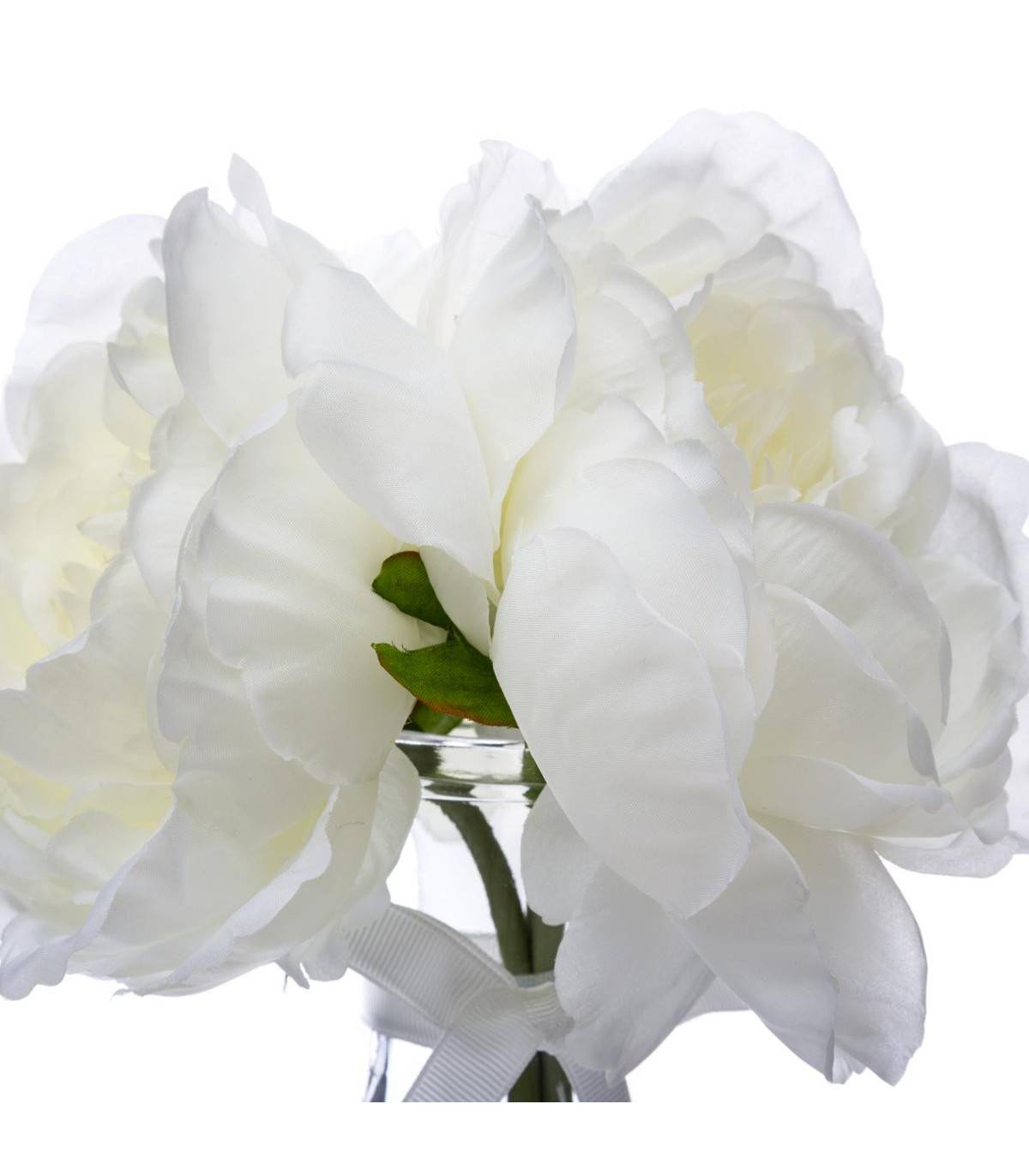 Composition florale artificielle 3 Pivoines blanches Vase en verre H 27 cm - Image 2