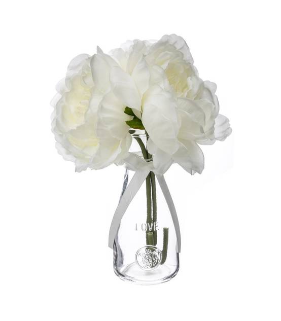 Composition florale artificielle 3 Pivoines blanches Vase en verre H 27 cm - Image 1