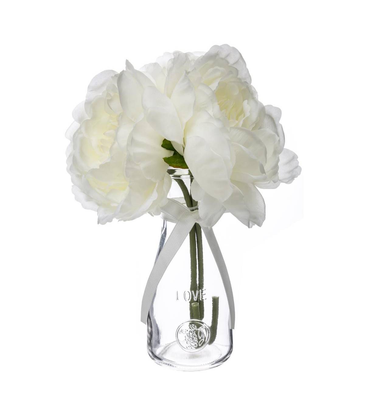 Composition florale artificielle 3 Pivoines blanches Vase en verre H 27 cm - Image 1