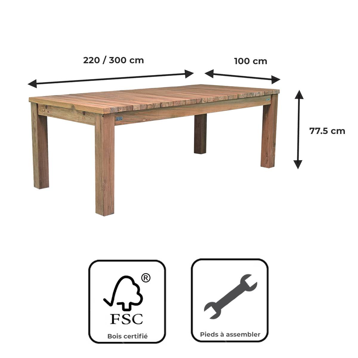 Table extensible en teck recyclé 220/260 /300 x 100 Taurus - Gecko Jardin - Imagen 9