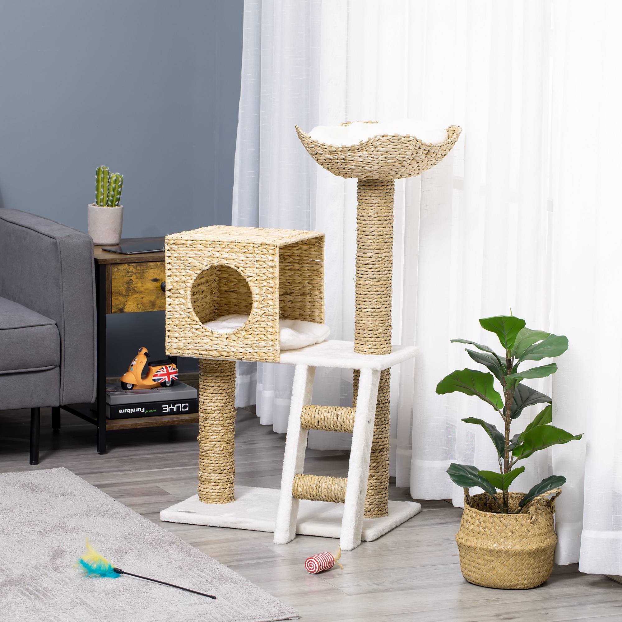 Sans Marque - Arbre à chat PawHut arbre à grimper griffoir 100,5 cm coussins échelle centre activités poteaux sisal beige - Image 4