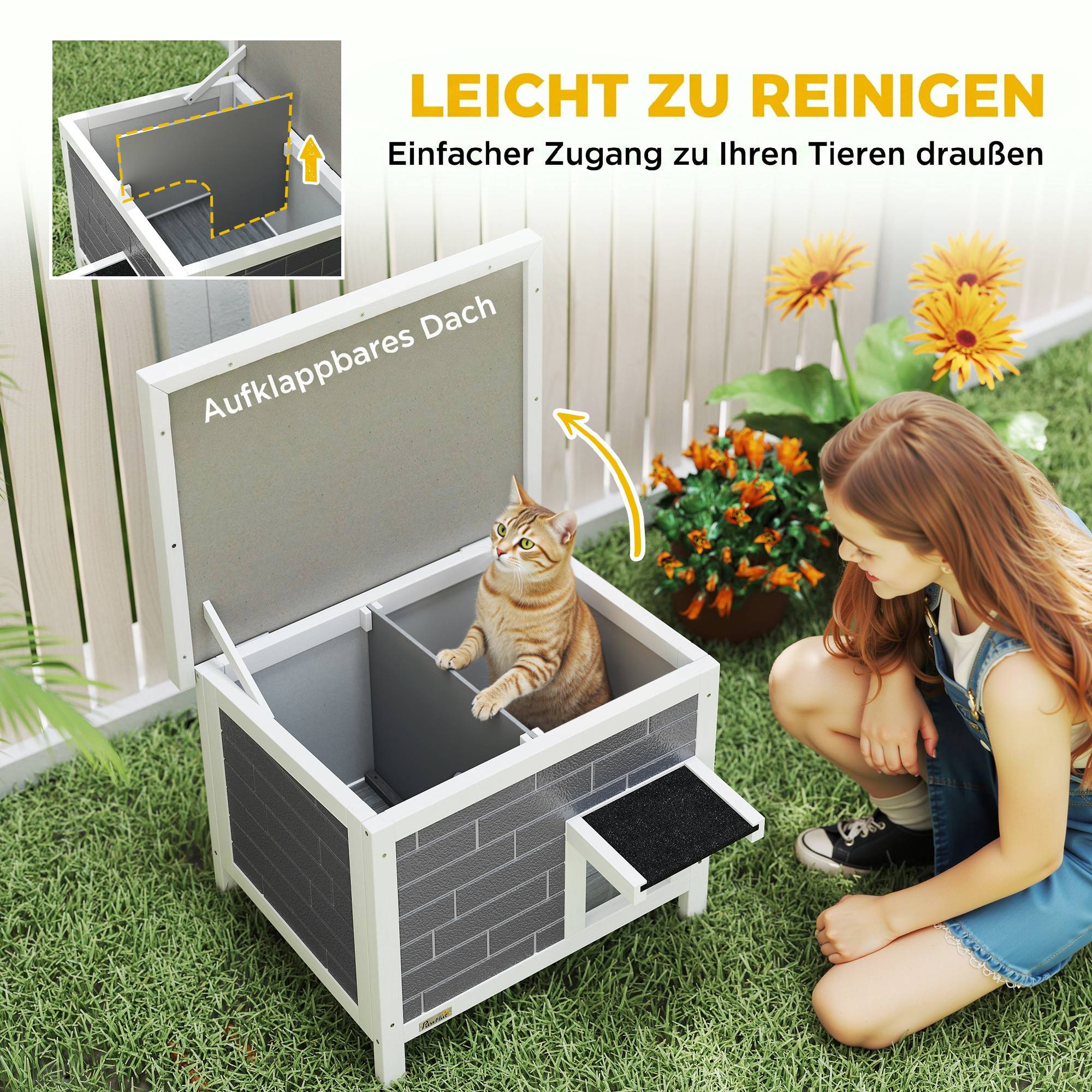 ComfortXL - Maison pour chat extérieur en sapin gris 61 x 51 x 53,5 cm isolée aluminium avec toit ouvrant pour animaux jusqu’à 5 kg - Image 6