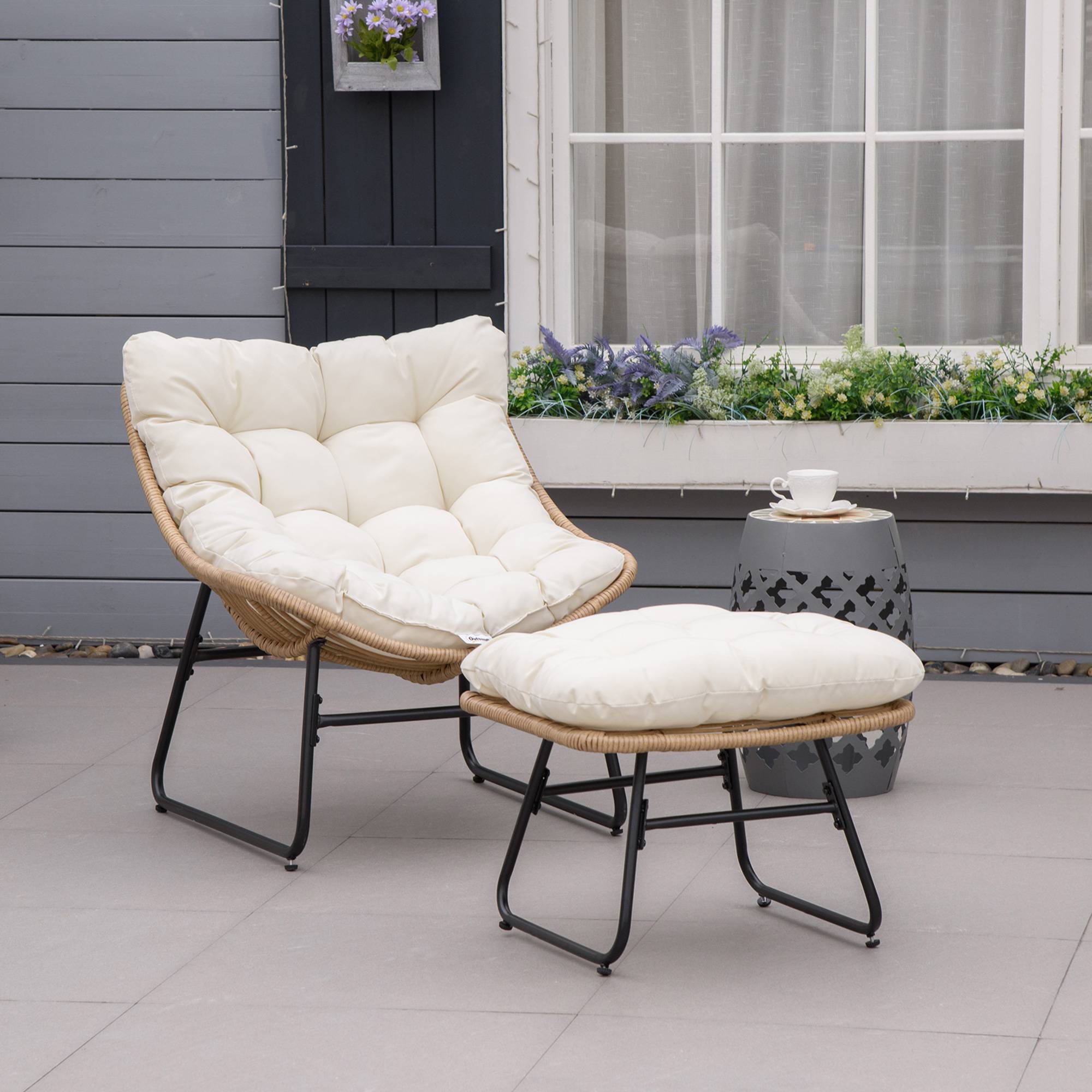 Fauteuil chaise de jardin avec repose-pieds en métal époxy et résine tressée aspect rotin avec coussins - Image 3