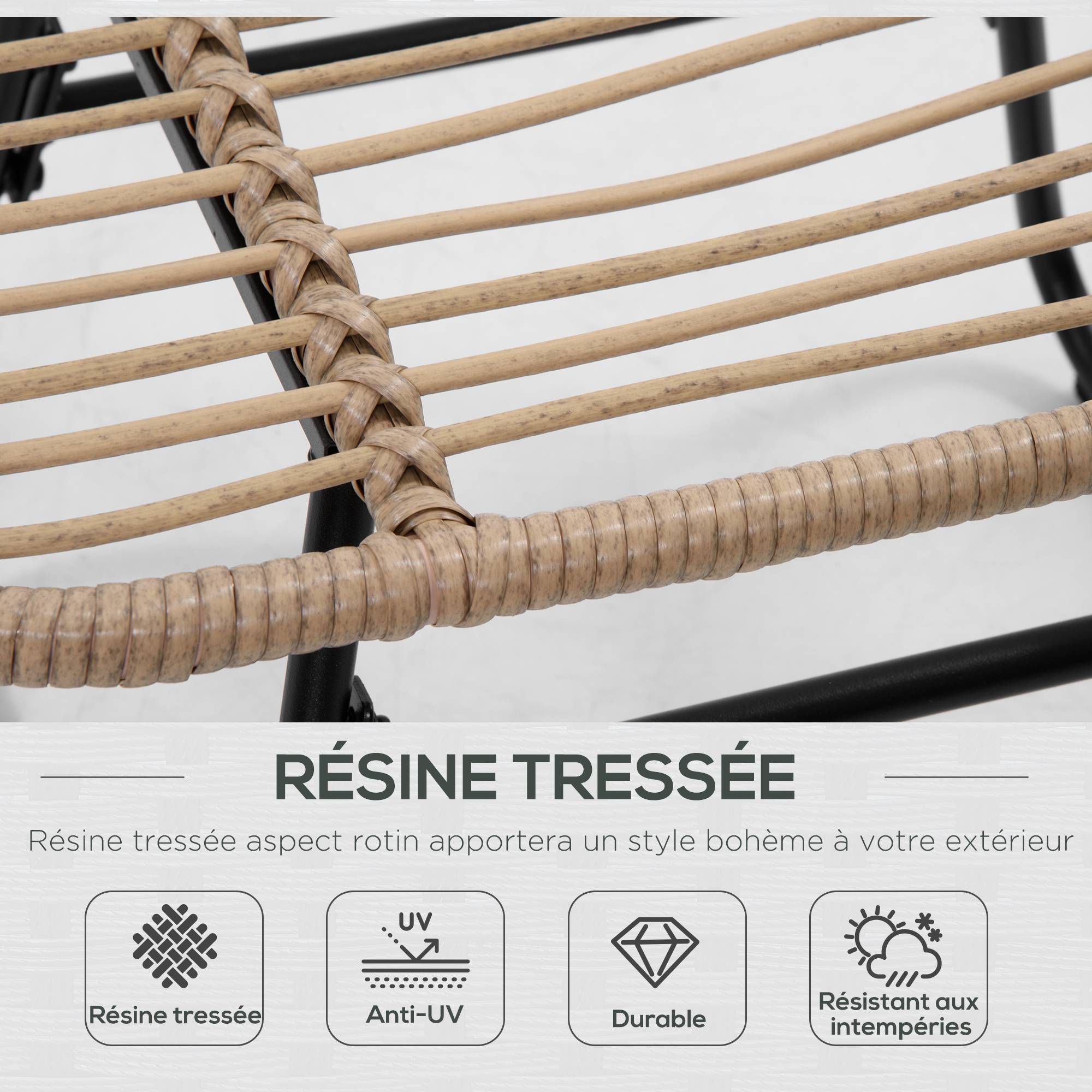 Fauteuil chaise de jardin avec repose-pieds en métal époxy et résine tressée aspect rotin avec coussins - Image 6