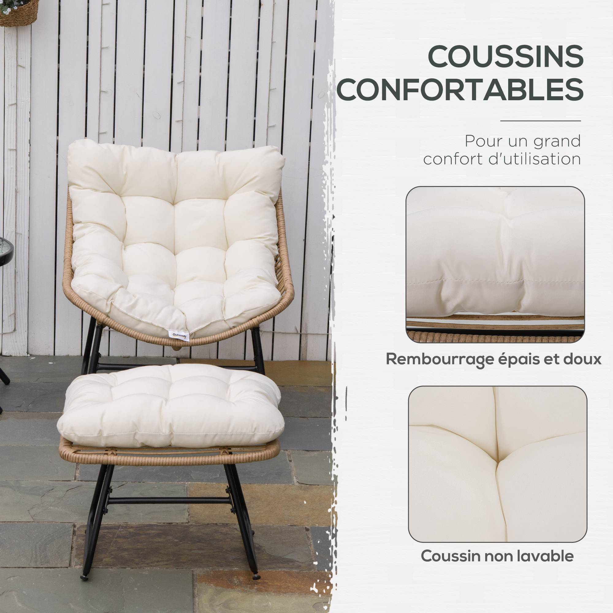 Fauteuil chaise de jardin avec repose-pieds en métal époxy et résine tressée aspect rotin avec coussins - Image 7