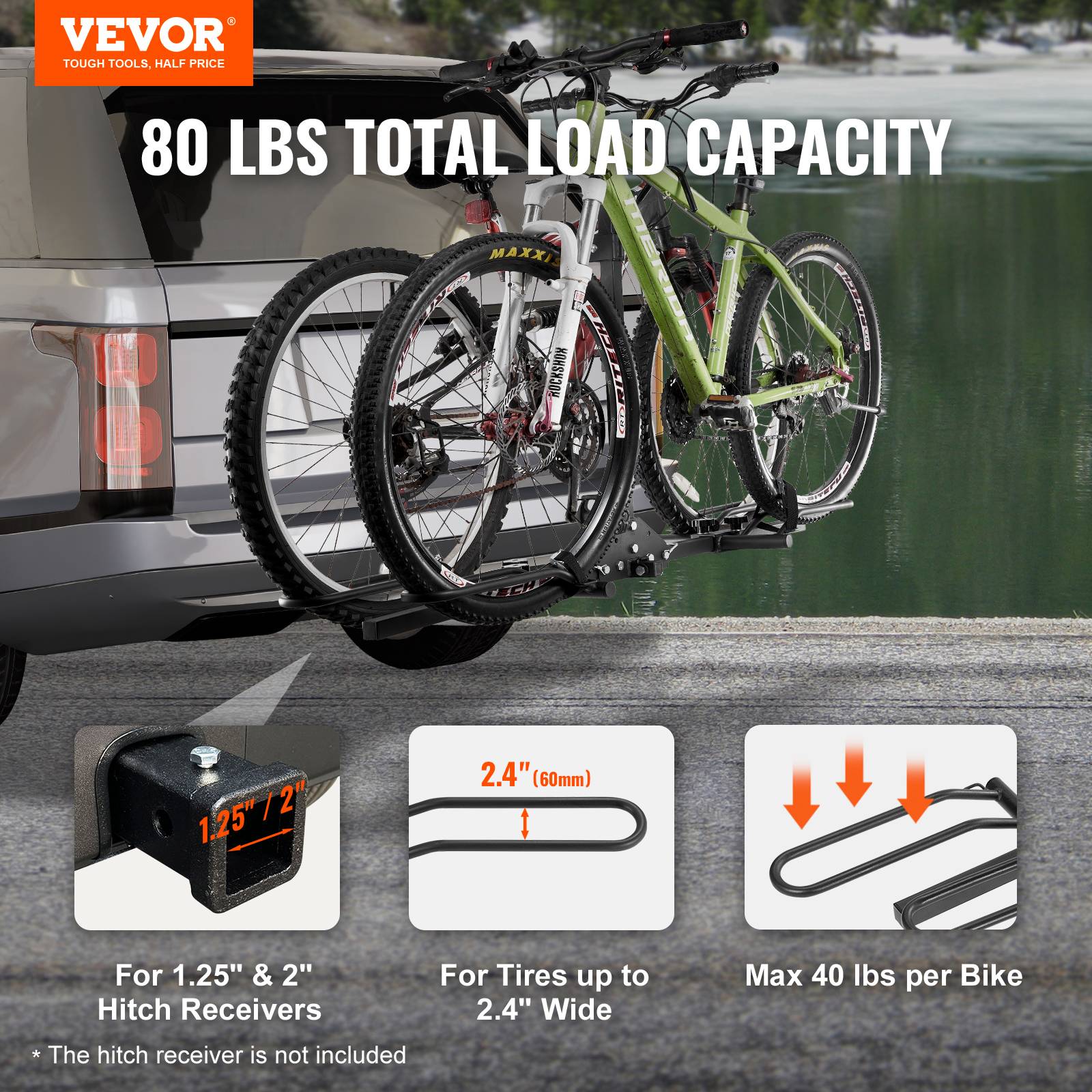 Vevor - VEVOR Porte-vélos attelage 2 vélos 36 kg, compatible récepteurs 30/51 mm, inclinable et pliable. - Image 2