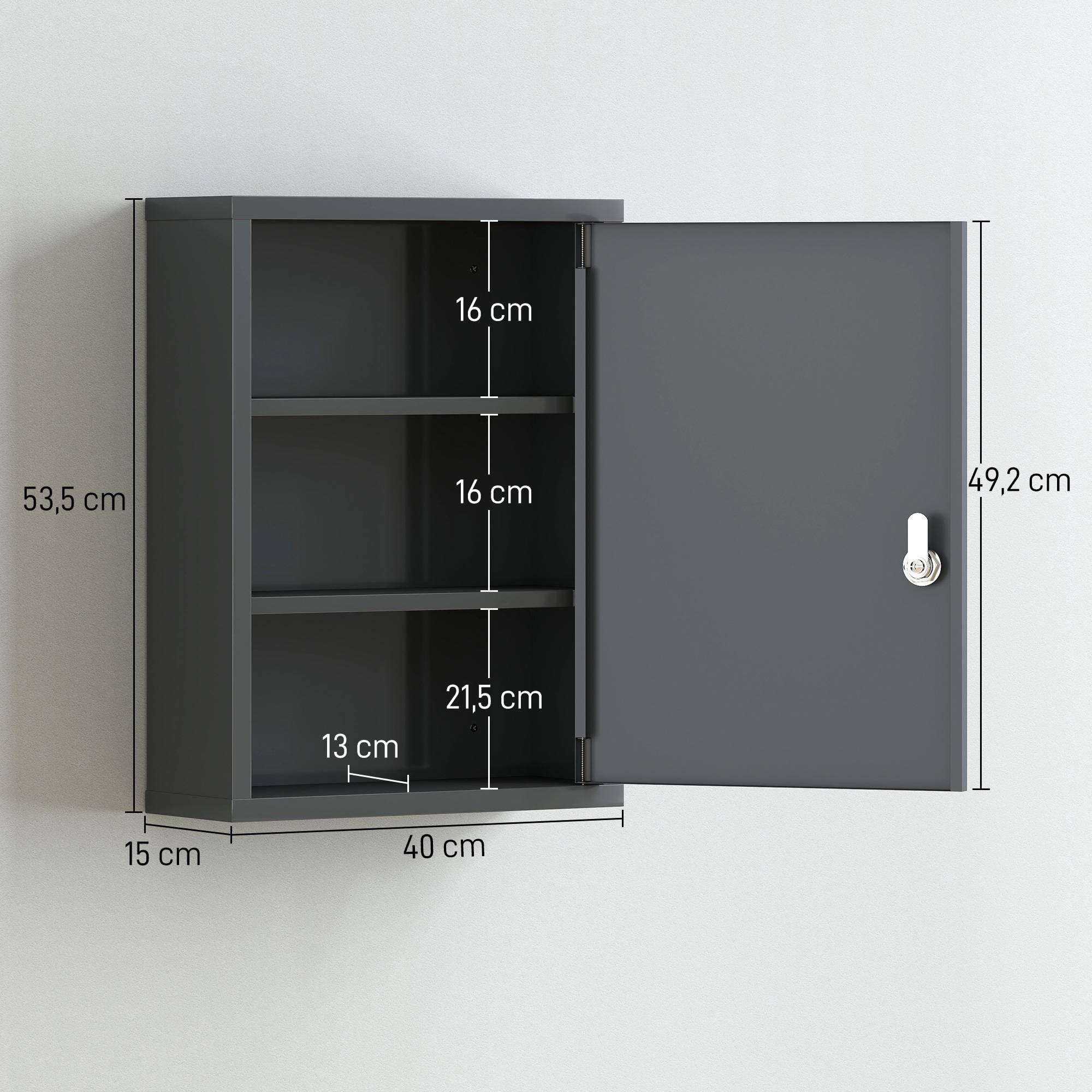 Sans Marque - Armoire pharmacie murale serrure armoire murale acier 3 niveaux 40x15x53,5 cm gris anthracite - Image 5