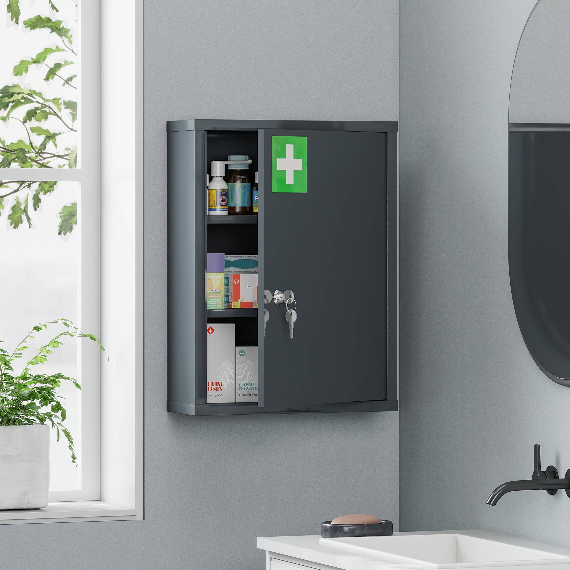 Sans Marque - Armoire pharmacie murale serrure armoire murale acier 3 niveaux 40x15x53,5 cm gris anthracite - Image 3
