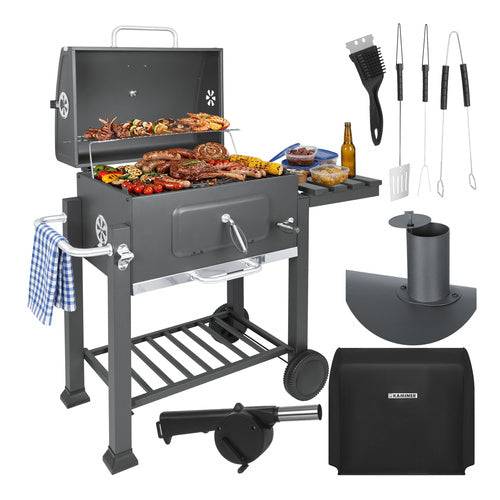 Barbecue de jardin au charbon de bois avec grille en fonte, cheminée avec couvercle, bac à cendres et thermomè - Image 1