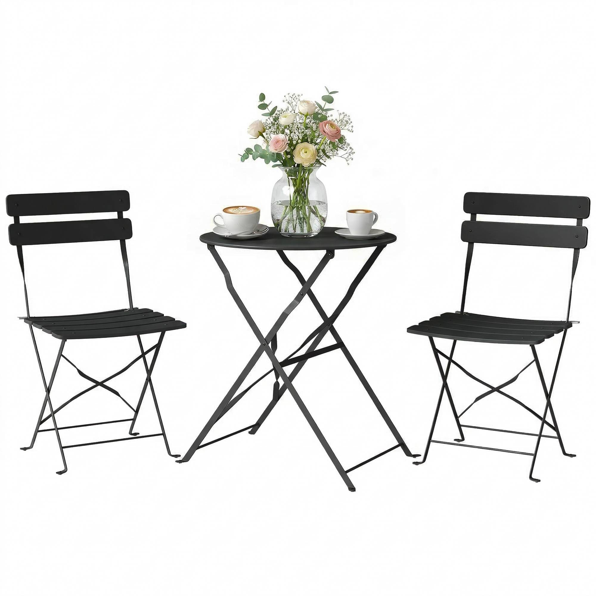 ComfortXL - Petit ensemble bistrot pliant métal jardin 2 chaises et table ronde 58cm noir - ComfortXL Outdoor Living - Image 1