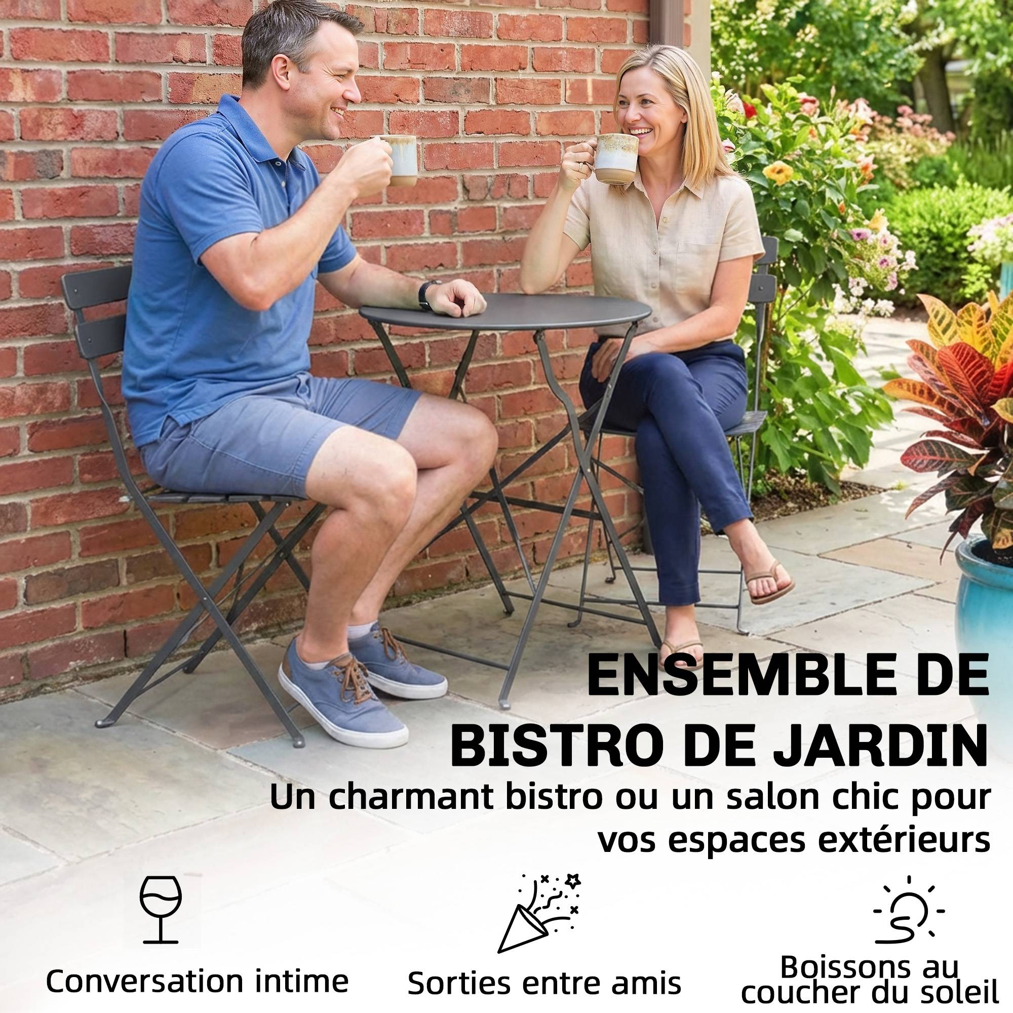 ComfortXL - Petit ensemble bistrot pliant métal jardin 2 chaises et table ronde 58cm noir - ComfortXL Outdoor Living - Image 7