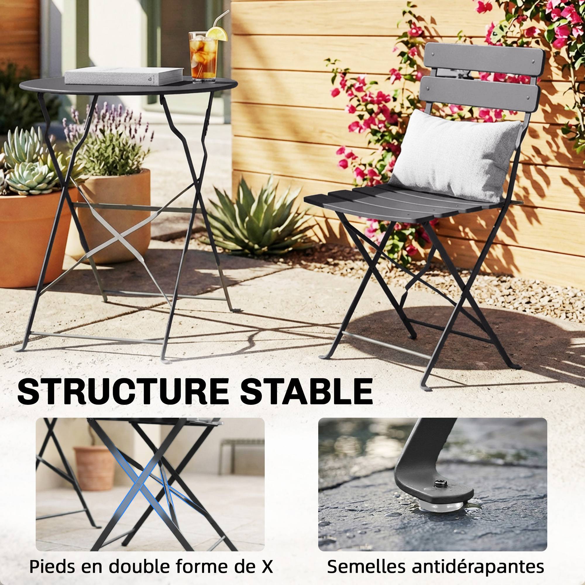 ComfortXL - Petit ensemble bistrot pliant métal jardin 2 chaises et table ronde 58cm noir - ComfortXL Outdoor Living - Image 10