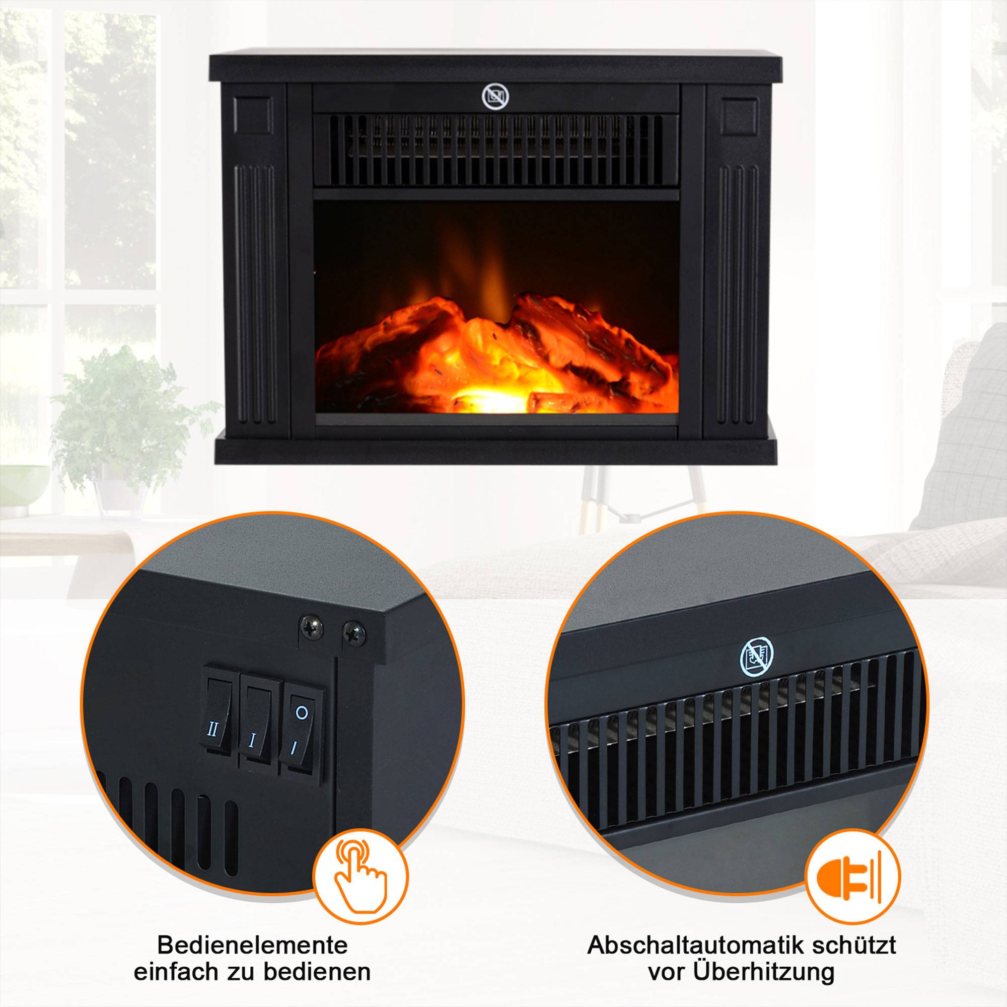Cheminée électrique avec chauffage, cheminée électrique avec effet flamme LED, cheminée décorative 600/1200 W, poêle-cheminée électrique, noir - Image 8