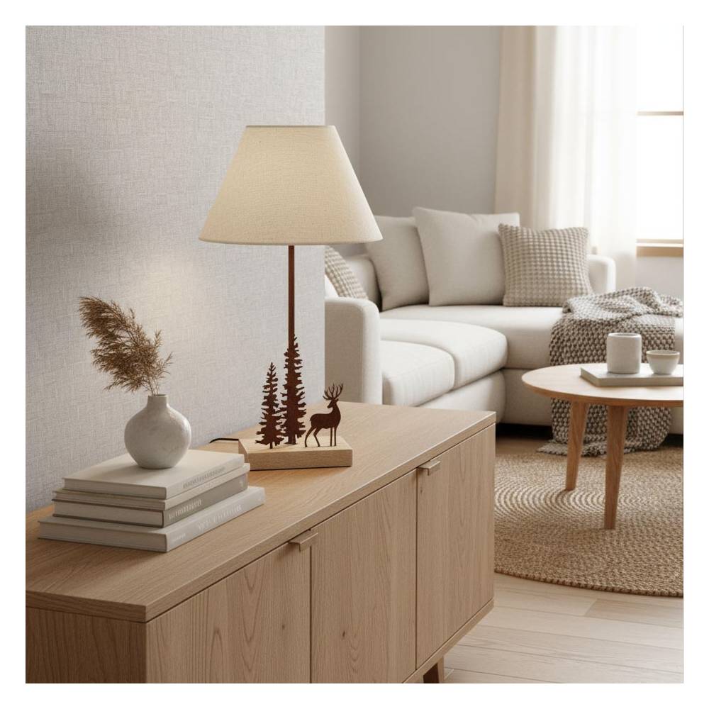 Aubry Gaspard - Lampe en métal et bois décor Forêt 1 cerf + 2 sapins - Imagen 2