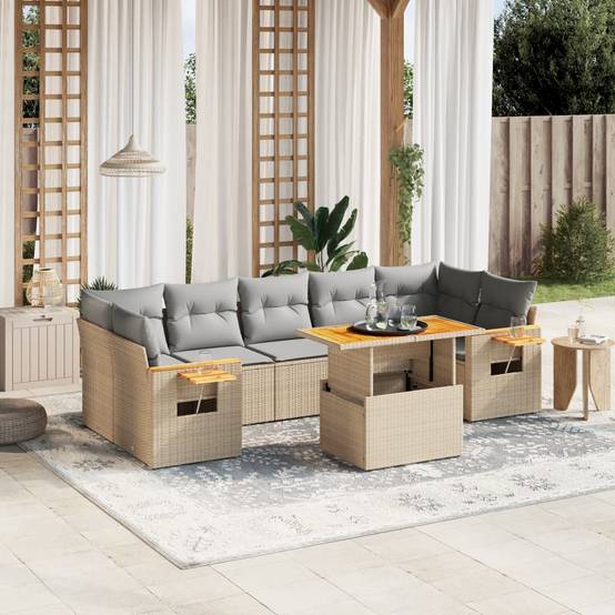 Salon de jardin 8 places Beige Résine Tressée Table Ajustable et Tablettes Côté – ComfortXL Outdoor Living - Image 1