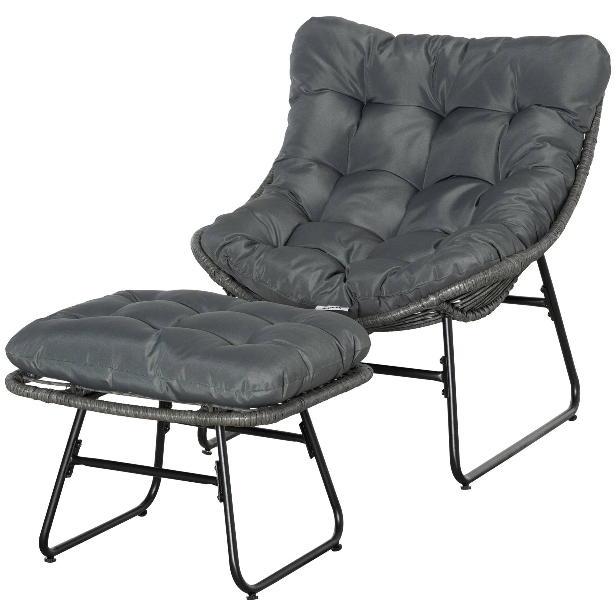 Fauteuil chaise de jardin avec repose-pieds en métal époxy et résine tressée aspect rotin avec coussins - Image 2