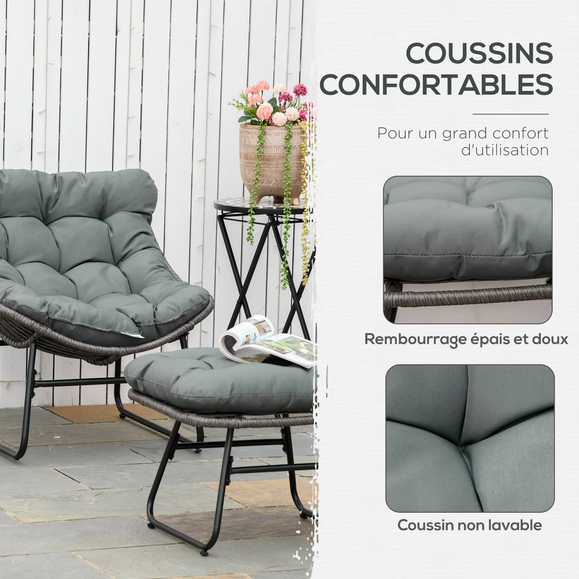 Fauteuil chaise de jardin avec repose-pieds en métal époxy et résine tressée aspect rotin avec coussins - Image 7