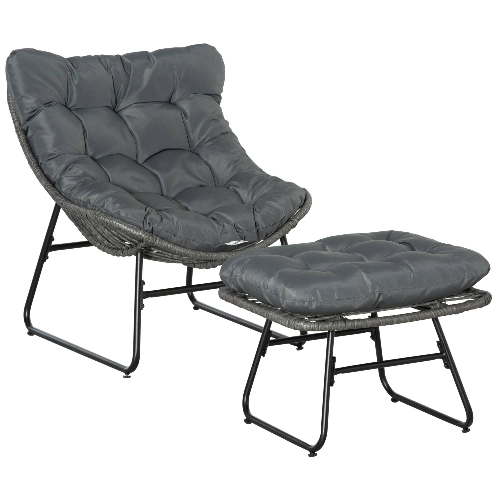 Fauteuil chaise de jardin avec repose-pieds en métal époxy et résine tressée aspect rotin avec coussins - Image 1