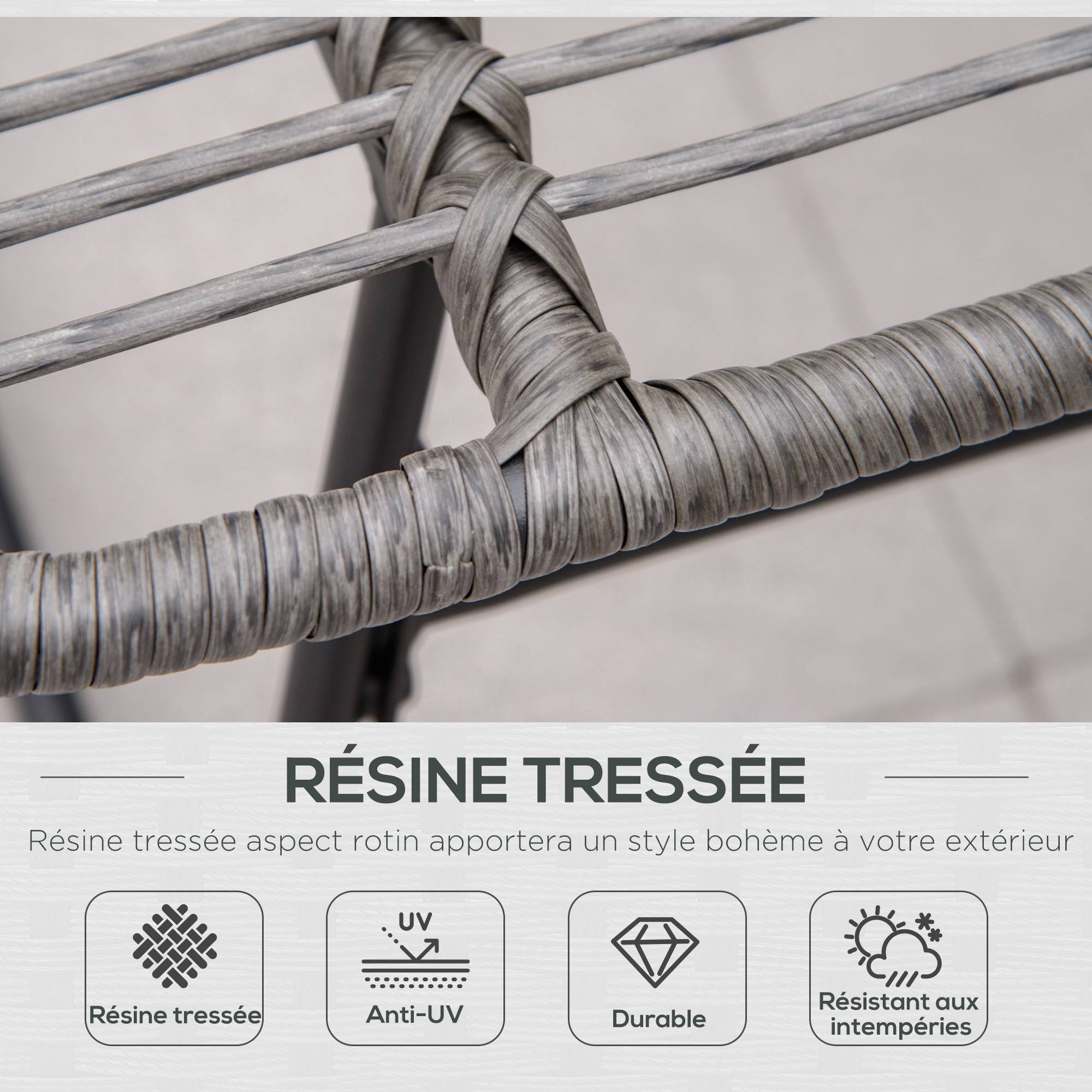 Fauteuil chaise de jardin avec repose-pieds en métal époxy et résine tressée aspect rotin avec coussins - Image 6